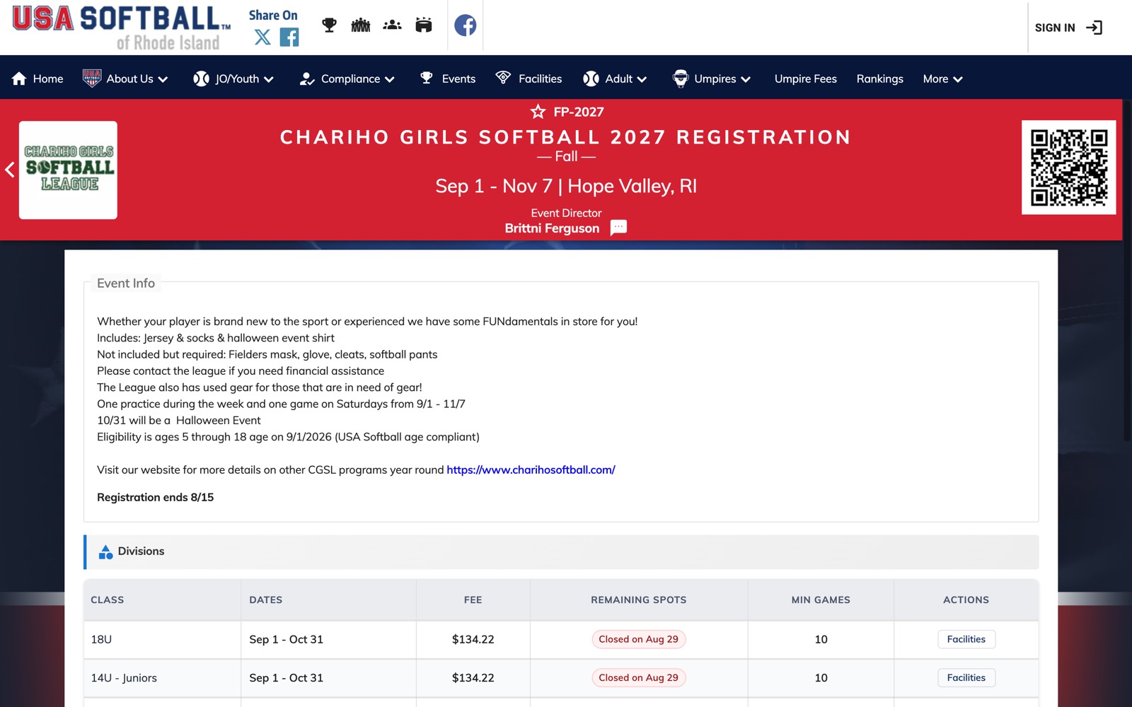 The Chariho Girls Softball 2027 Registration page on the USA Softball of Rhode Island website, with the event details and the divisions families register in.